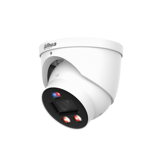 Witte Dahua TiOC PRO anti-corrosie turret camera met 4K lens en actieve afschrikking verlichting.