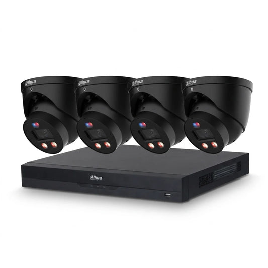 Zwart Dahua 8-kanaals AI-beveiligingspakket met NVR en vier 8MP Full-color turret-camera's.