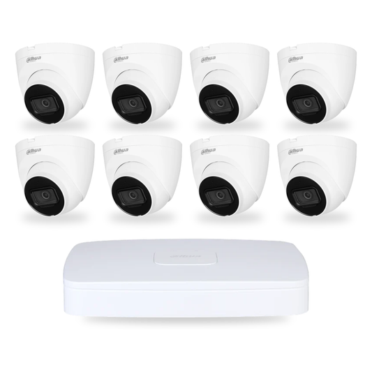 Dahua 8-kanaals NVR met acht witte turret IP-beveiligingscamera's voor professionele videobewaking.