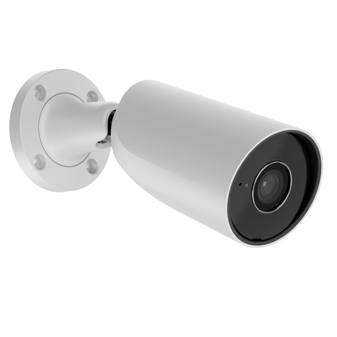 Witte Ajax BulletCam 5MP outdoor beveiligingscamera met vaste lens en ronde muurbeugel op een witte achtergrond.