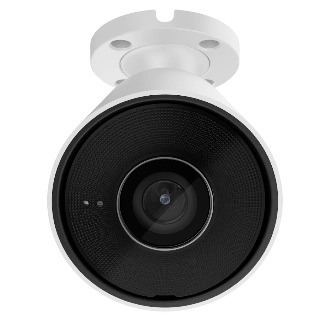 Witte Ajax BulletCam 8MP outdoor beveiligingscamera met 2,8mm lens en zwarte lensbehuizing.