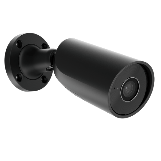 Zwarte Ajax BulletCam 8MP outdoor beveiligingscamera met vaste 2,8mm lens en wandmontagebeugel.