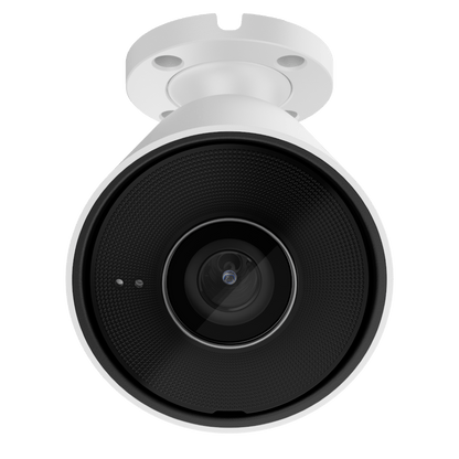 Witte Ajax BulletCam 8MP outdoor beveiligingscamera met 4mm lens en zwarte lensbehuizing.