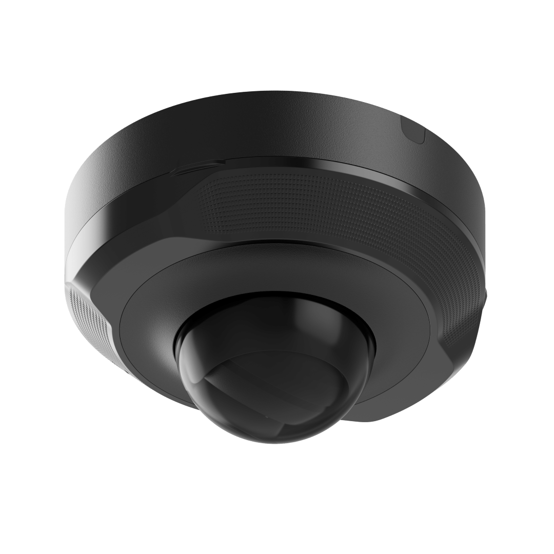Zwarte Ajax DomeCam Mini HL 5MP outdoor beveiligingscamera met compact dome-ontwerp en vaste lens.