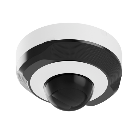 Witte Ajax DomeCam Mini 8MP outdoor beveiligingscamera met zwarte lens en compact rond design.