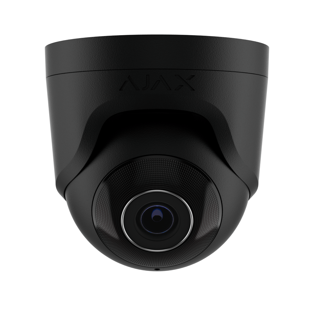 Zwarte Ajax TurretCam 8MP outdoor beveiligingscamera met 4mm lens en strak modern design.