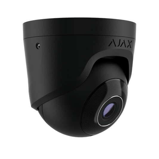 Zwarte Ajax TurretCam 8MP outdoor beveiligingscamera met vaste 4mm lens en strak modern design.