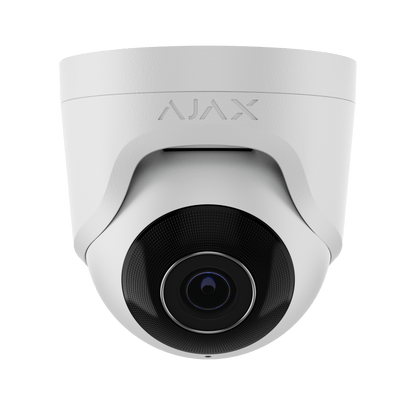 Witte Ajax TurretCam 5MP outdoor beveiligingscamera met vaste lens en strak design.