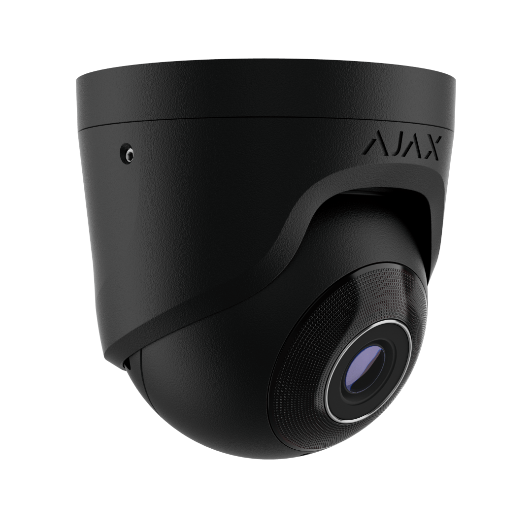 Zwarte Ajax TurretCam HL 5MP outdoor beveiligingscamera met vaste 4mm lens en hybride verlichting.