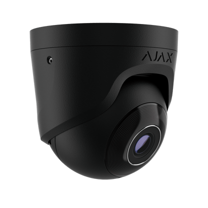 Zwarte Ajax TurretCam HL 5MP outdoor beveiligingscamera met vaste 4mm lens en hybride verlichting.