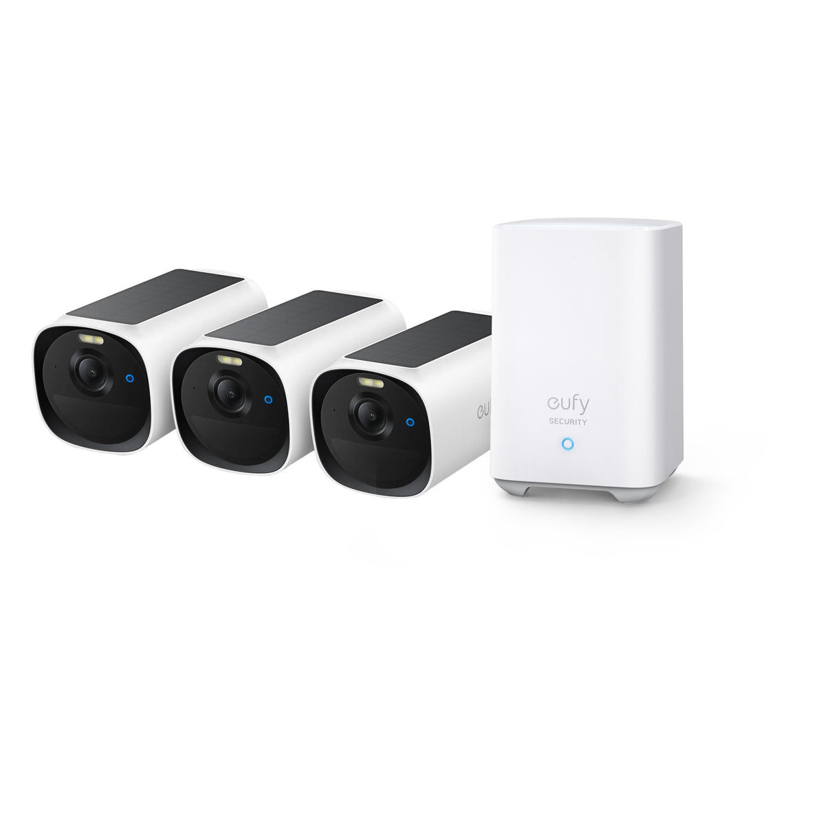 Eufy E40 set met 3 draadloze camera's en HomeBase 2, schuin vooraanzicht