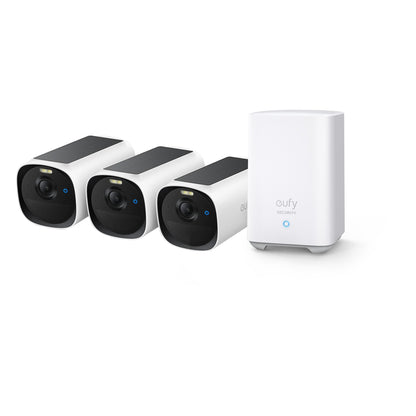Eufy E40 set met 3 draadloze camera's en HomeBase 2, schuin vooraanzicht