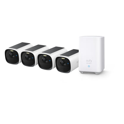 Eufy E40 set met 4 draadloze camera's en HomeBase 2, schuin vooraanzicht