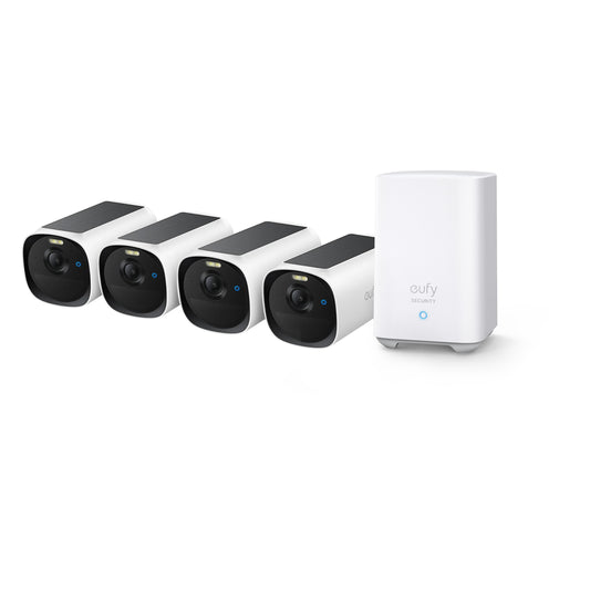 Eufy E40 set met 4 draadloze camera's en HomeBase 2, schuin vooraanzicht
