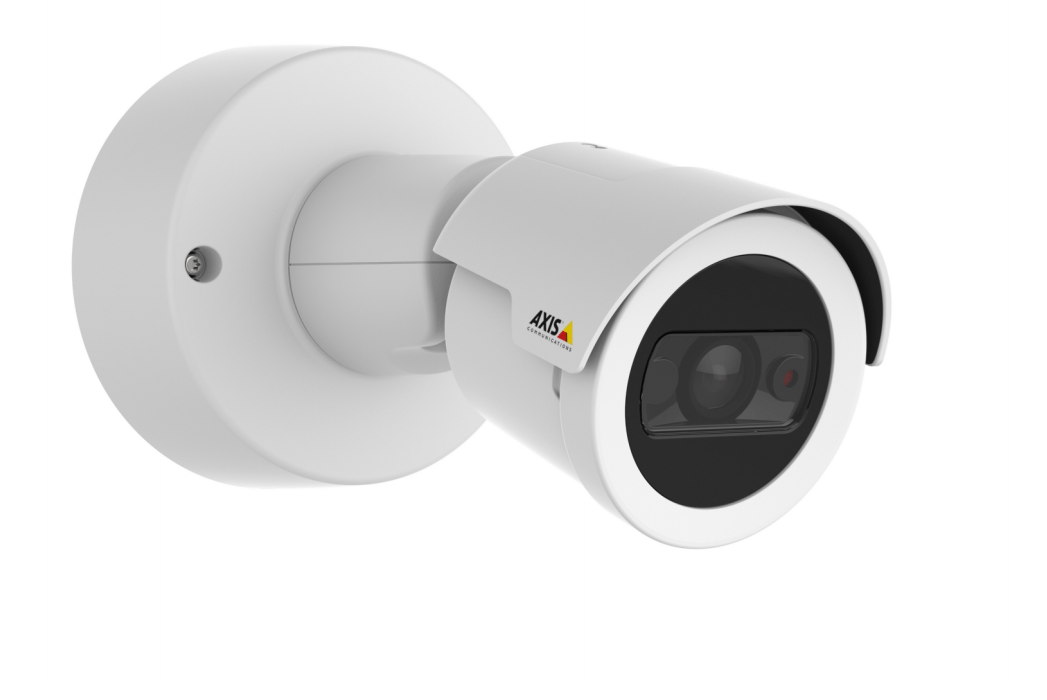 Witte Axis M2035-LE outdoor bullet camera met 8mm lens en compact weerbestendig ontwerp voor gerichte bewaking.