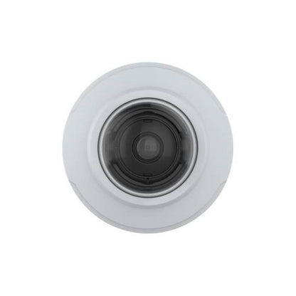 Witte, compacte Axis M3085-V mini dome IP-camera voor binnen met een strak, schroefvrij ontwerp en centrale lens.