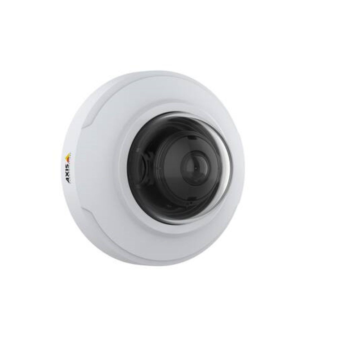 Witte Axis M3085-V compacte mini dome IP-camera met zwarte lens voor discrete binnenbewaking.