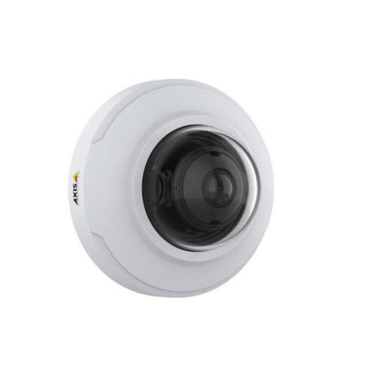 Witte Axis M3085-V compacte mini dome IP-camera met zwarte lens voor discrete binnenbewaking.