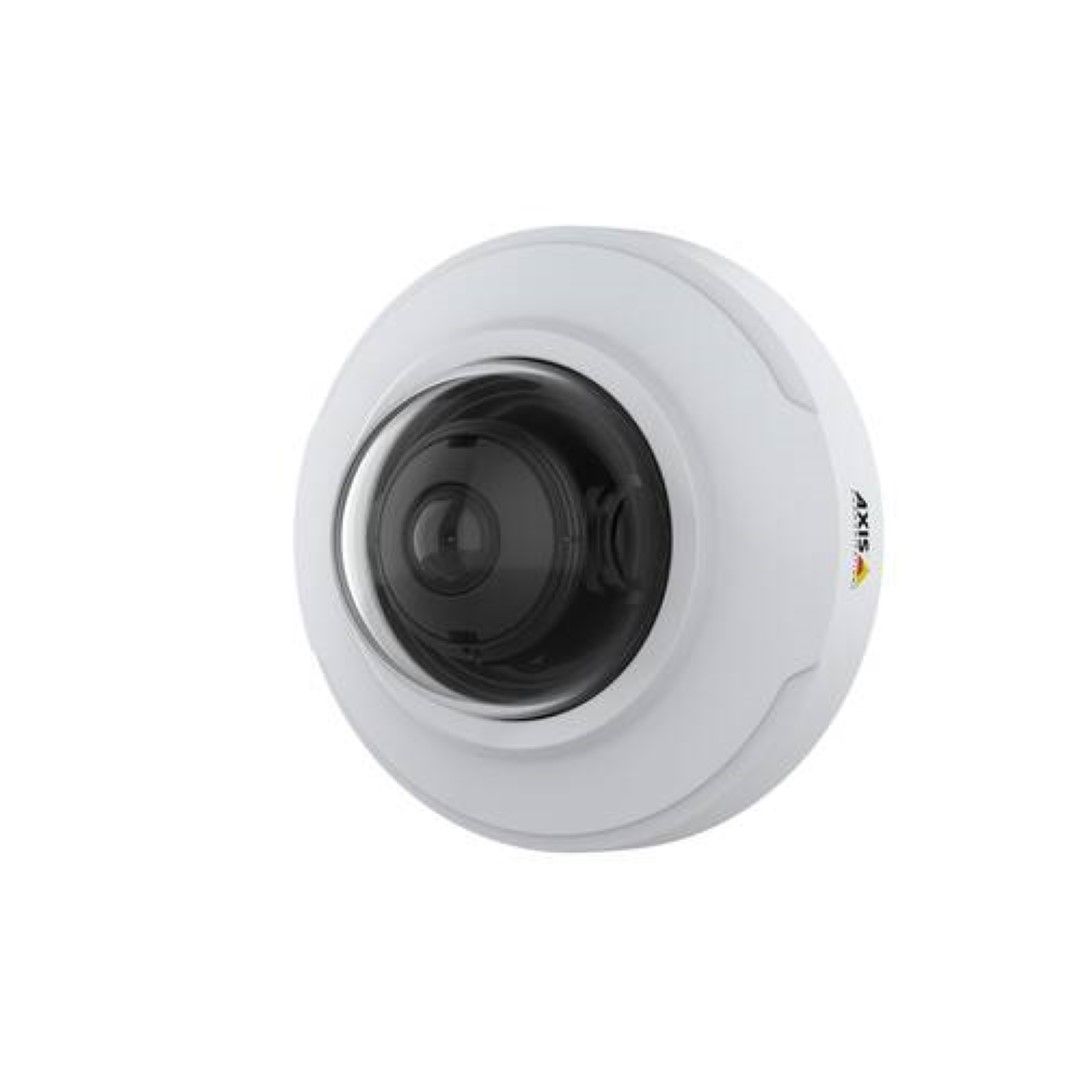 Witte Axis M3085-V compacte mini dome IP-camera voor binnen met zwarte lens en schroefvrij ontwerp.