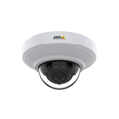 Witte Axis M3085-V compacte mini dome IP-camera voor binnen met zwarte lens en schroefvrij ontwerp.