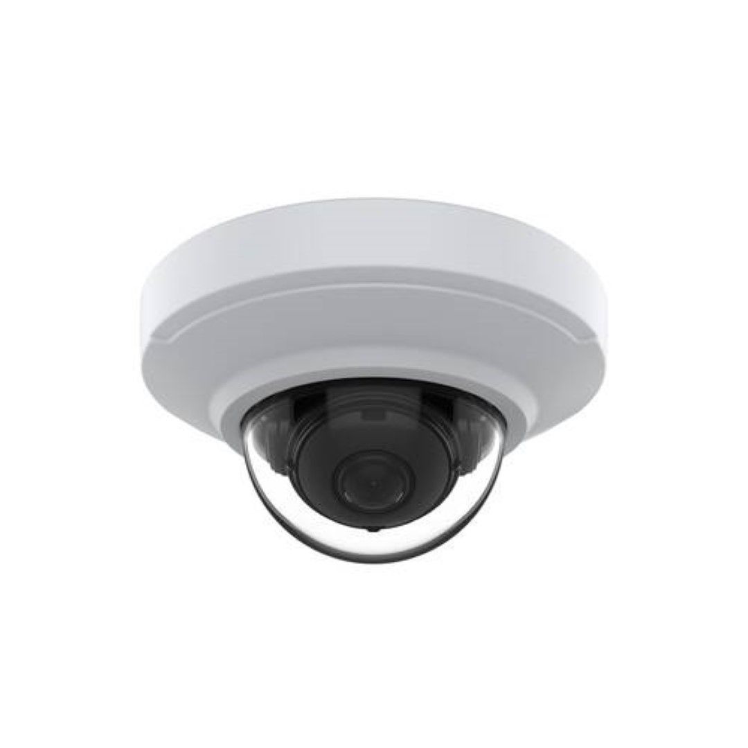 Witte Axis M3086-V mini dome beveiligingscamera met compact design en zwarte lens voor plafondmontage.