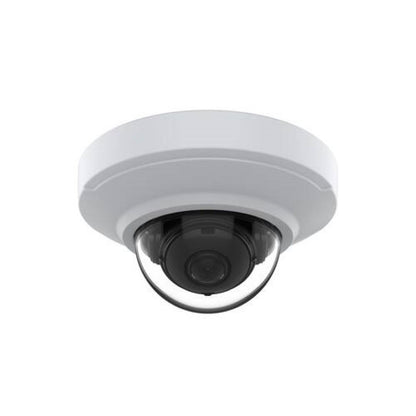 Witte Axis M3086-V mini dome beveiligingscamera met compact design en zwarte lens voor plafondmontage.