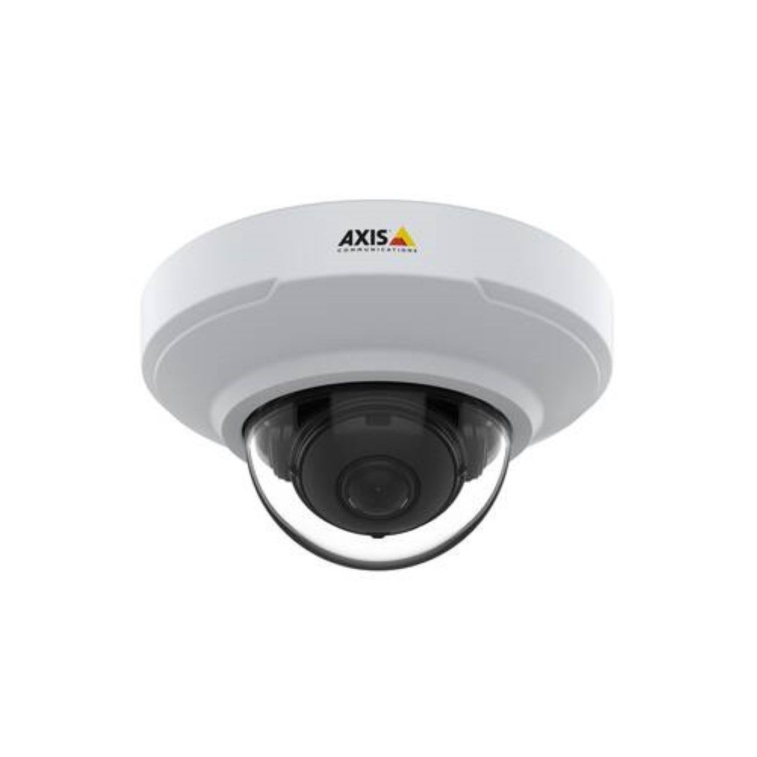 Witte Axis M3086-V 4MP minidome-beveiligingscamera met zwarte lens en compact design voor plafondmontage.