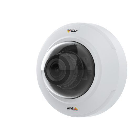 Witte Axis M4216-V dome-beveiligingscamera met varifocale lens en transparante koepel tegen een witte achtergrond.