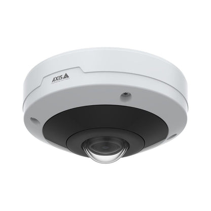 Witte Axis M4318-PLVE panoramische mini-dome camera met zwarte lens en ingebouwde IR-verlichting.