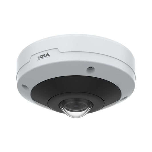 Witte Axis M4318-PLVE panoramische mini-dome camera met zwarte lens en ingebouwde IR-verlichting.
