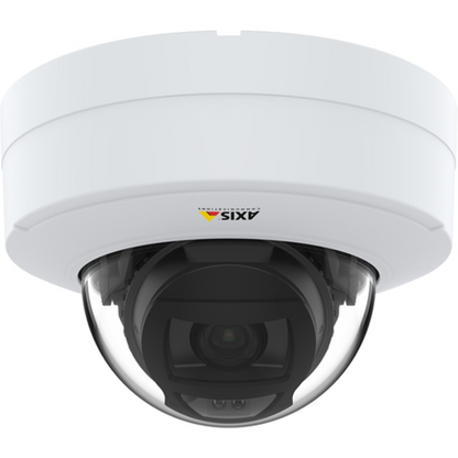 Witte Axis P3275-LV dome beveiligingscamera met zwarte lensmodule en transparante koepel voor plafondmontage.