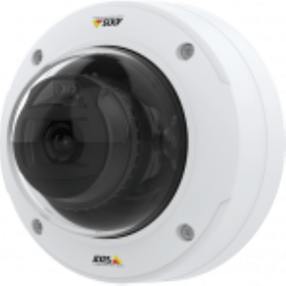 Witte Axis P3275-V vandaalbestendige dome-beveiligingscamera met zwarte lenskap voor buitenmontage.