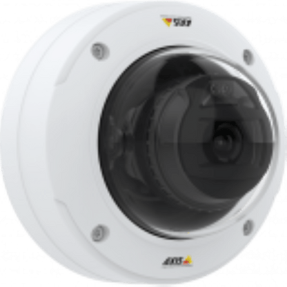 Witte Axis P3275-V vandaalbestendige dome-beveiligingscamera met transparante koepel en zwarte lensmodule.
