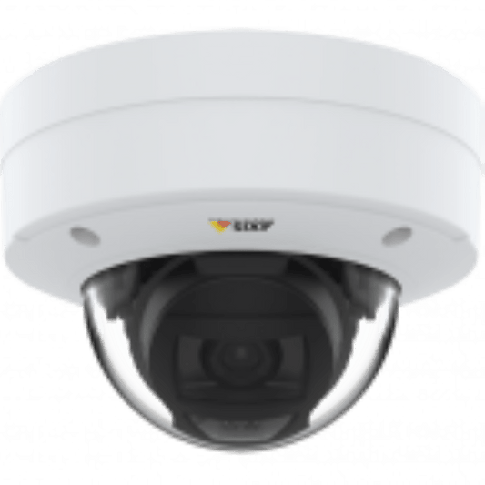 Witte Axis P3275-V vandaalbestendige dome-beveiligingscamera met transparante koepel en varifocale lens.