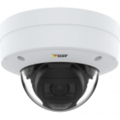Witte Axis P3277-VE 5MP outdoor dome beveiligingscamera met vandalismebestendige behuizing en heldere lens.
