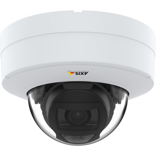 Witte Axis P3278-LV 8MP dome beveiligingscamera met varifocale lens en transparante koepel.