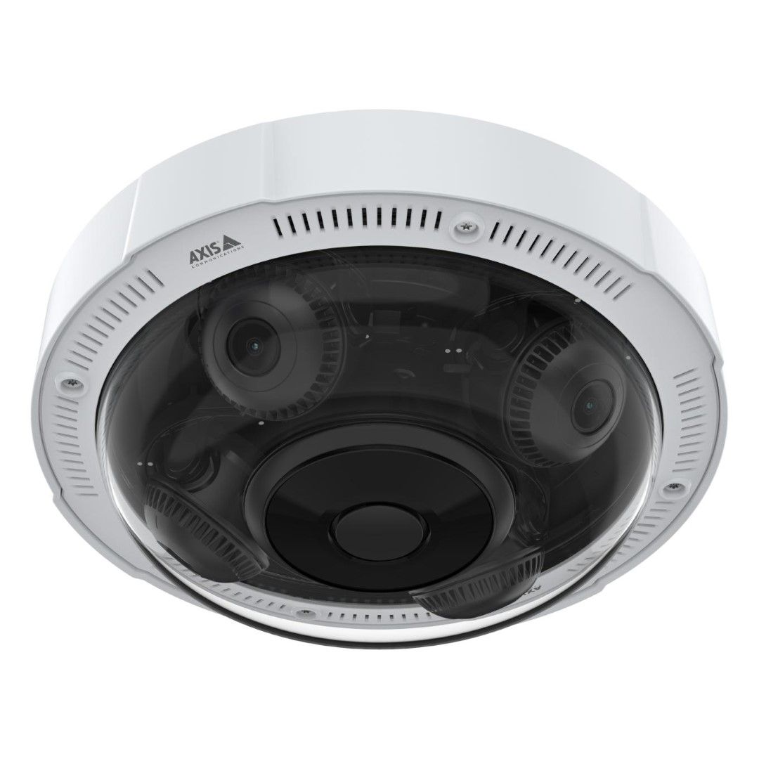 Witte Axis P3735-PLE multidirectionele beveiligingscamera met vier lenzen onder een transparante koepel.