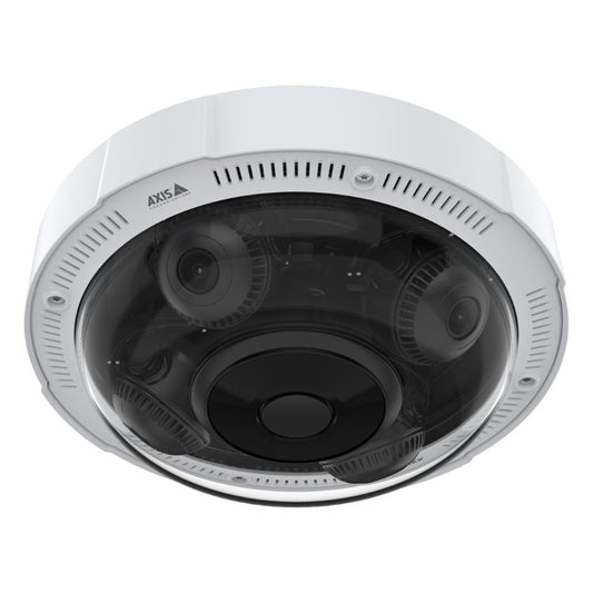 Witte Axis P3737-PLE multidirectionele beveiligingscamera met vier verstelbare 5MP cameralenzen onder een glazen koepel.