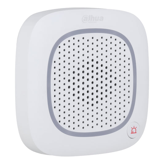 Witte Dahua ARA16-W2 draadloze intercom speaker, schuin vooraanzicht.