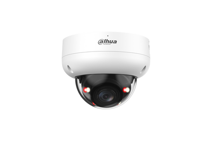 Witte Dahua 6MP WizSense mini dome camera met varifocale lens en actieve rood-blauwe alarmverlichting.