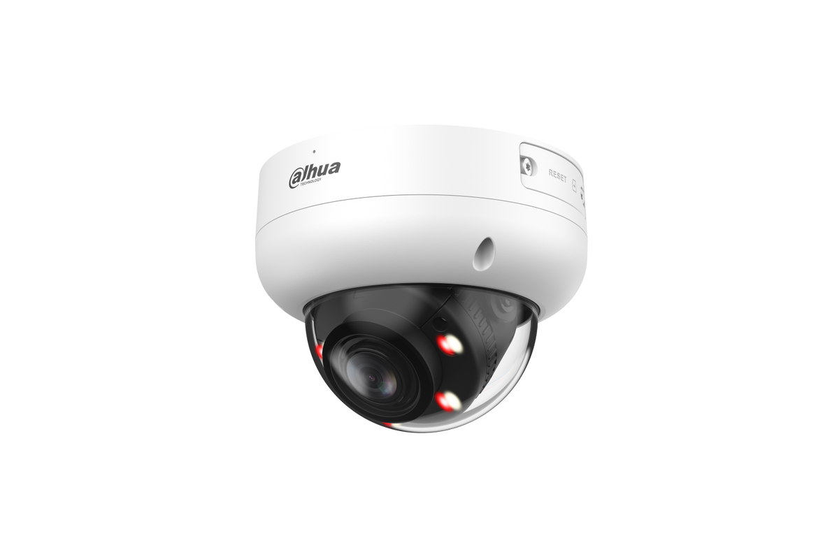 Witte Dahua 6MP WizSense mini dome camera met varifocale lens en Smart Dual Light voor buitenbeveiliging.