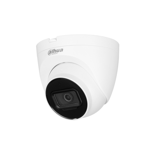 Witte Dahua 5MP WizSense eyeball beveiligingscamera met 2.8mm lens en zwarte lensbehuizing voor buiten.