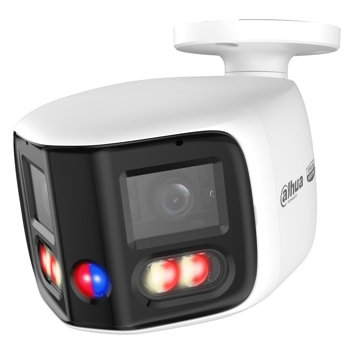 Witte Dahua 2x4MP TiOC Duo Panorama Bullet DH-IPC-PFW3859S-A180-AS-PV-ATC, schuin vooraanzicht