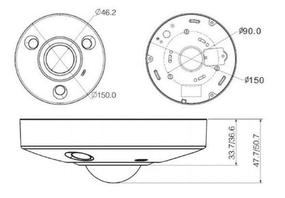 Technische lijntekening met afmetingen van de Dahua 8MP WizMind fisheye beveiligingscamera.