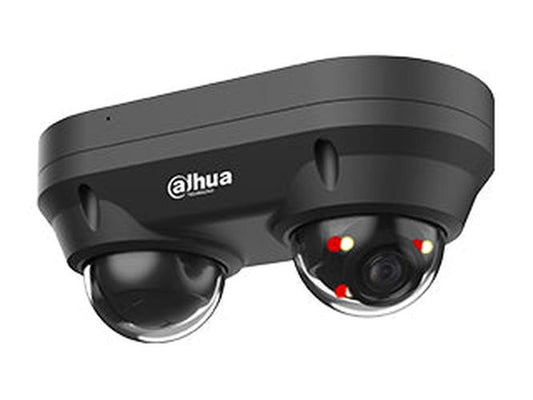 Zwarte Dahua WizSense dual-lens dome camera met twee 4MP lenzen voor gelijktijdige bewaking in twee richtingen.