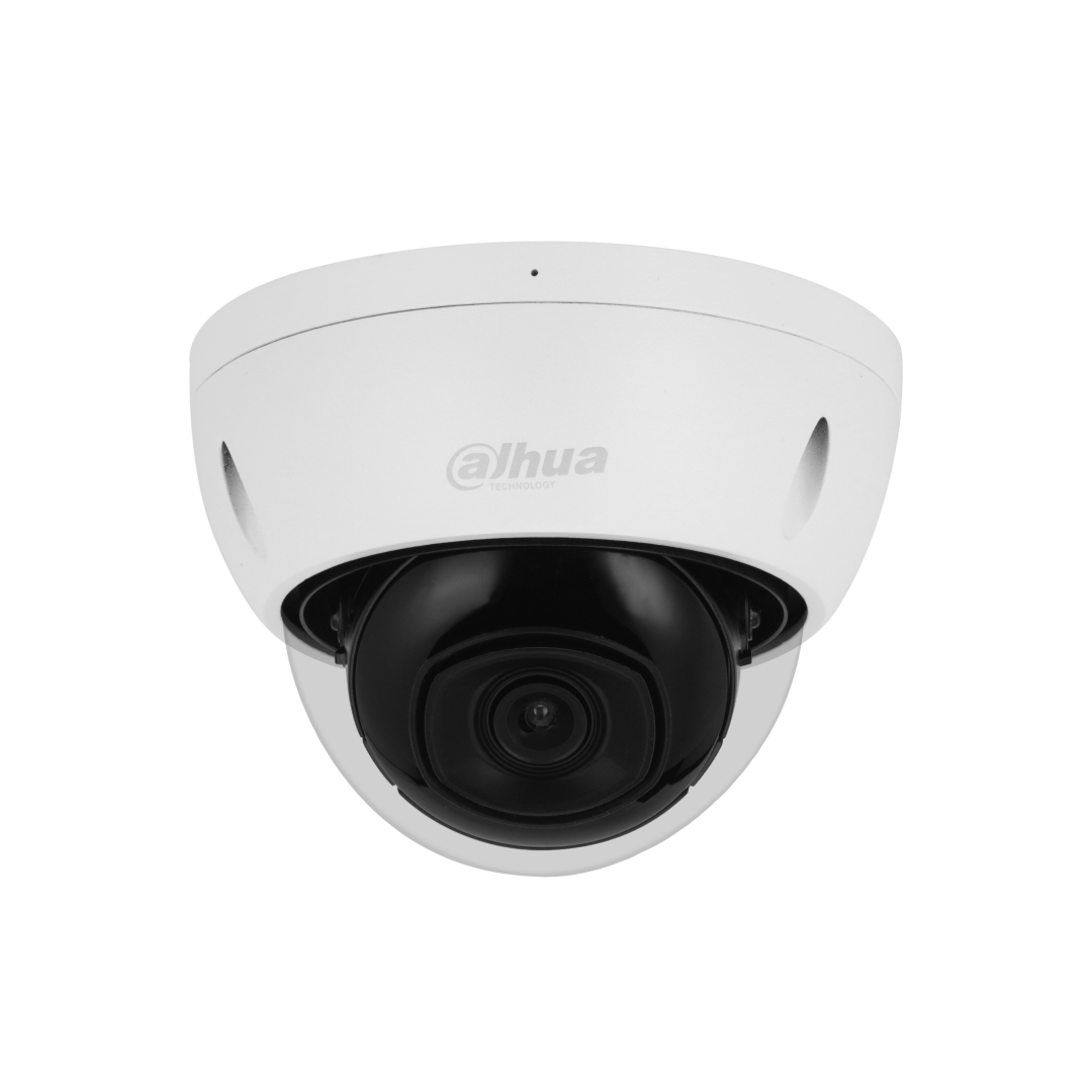Witte Dahua 8MP 4K mini dome camera met zwarte lensbehuizing en vandaalbestendig design voor buitenbeveiliging.