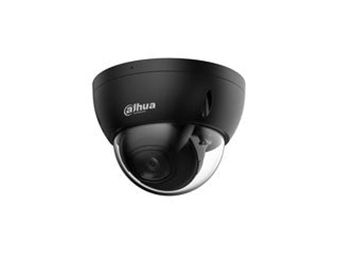 Zwarte Dahua 5MP WizSense mini dome beveiligingscamera met vandaalbestendige behuizing en 2.8mm lens.