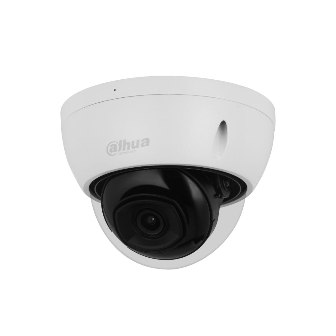 Witte Dahua 8MP 4K mini dome camera met zwarte lensmodule en vandaalbestendige behuizing voor buitenbeveiliging.