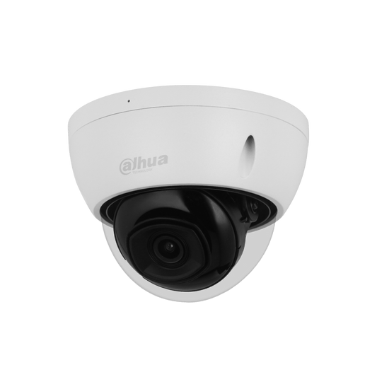 Witte Dahua 8MP 4K mini dome camera met zwarte lensmodule en vandaalbestendige behuizing voor buitenbeveiliging.