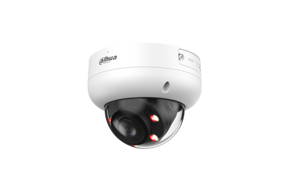 Witte Dahua WizSense mini dome camera met varifocale lens en dual-light verlichting in een compacte behuizing.